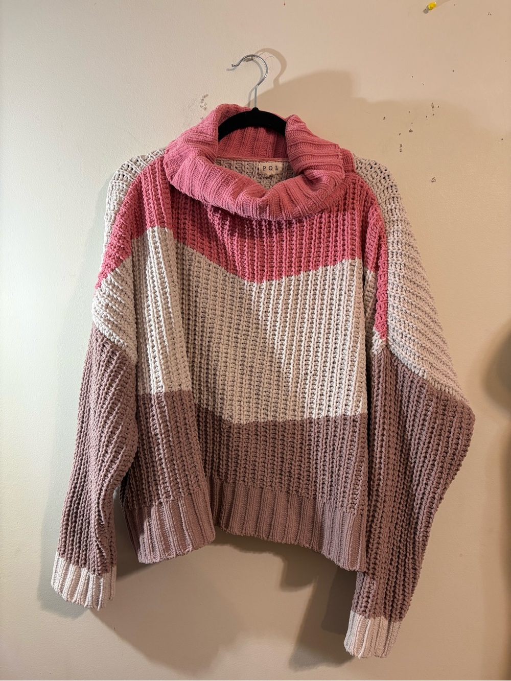 POL sweater Cozy Color block Cowl Neck  Pink White Taupe women’s large chunky